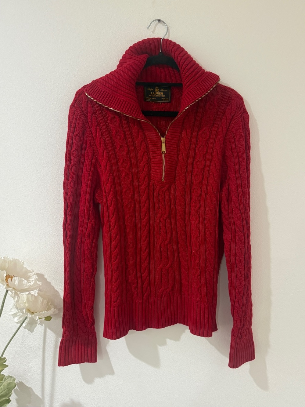 Vintage Lauren Ralph Lauren Red Cable-Knit Half-Zip Sweater